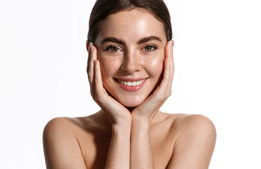 Woman with beauty face touching healthy facial skin portrait